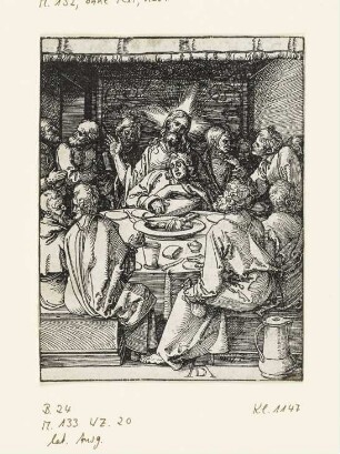 Letztes Abendmahl, Blatt 9 aus: Albrecht Dürer, "Passio Christi ab Alberto Durer Nurenbergensi effigiata cum varij generis carminibus Fratris Benedicti Chelidonij Musophili", Nürnberg 1511, S. B