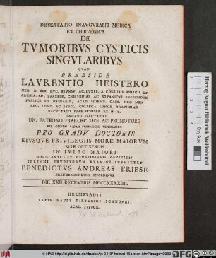 Dissertatio Inavgvralis Medica Et Chirvrgica De Tvmoribvs Cysticis Singvlaribvs