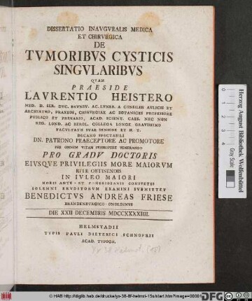 Dissertatio Inavgvralis Medica Et Chirvrgica De Tvmoribvs Cysticis Singvlaribvs