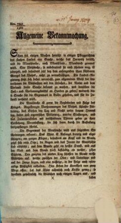 Allgemeine Bekanntmachung. Nro. 7541/1360. Schon seit einigen Wochen herrscht in einigen Pfleggerichten des flachen Landes eine Seuche ... : [Salzburg den 10. Juny 1809.]