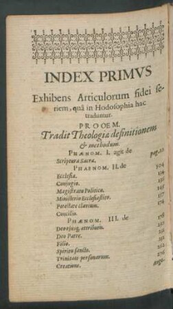 Index Primus Exhibens Arrticulorum fidei seriem, qua in Hodosophia hac traduntur.