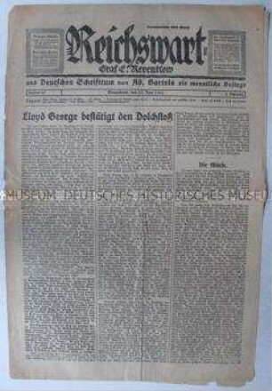 Nationalistische Wochenzeitung "Reichswart" u.a. zur "Dolchstoßlegende"