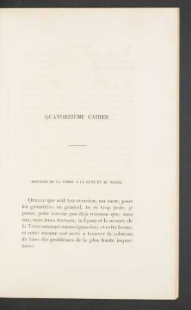 Quatorzième cahier. Distance de la terre à la lune et au soleil.