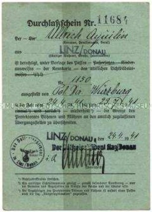 Passierschein für die Grenze zum Protektorat Böhmen und Mähren