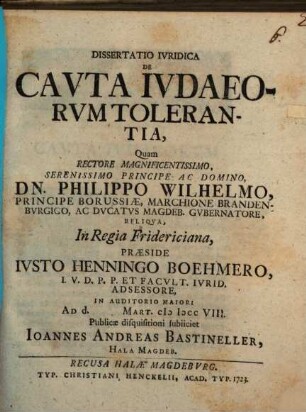 Dissertatio iuridica de cauta Iudaeorum tolerantia