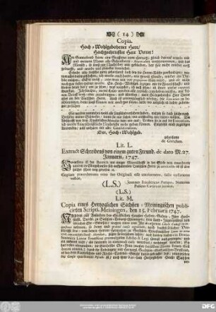Lit. L. Extract Schreibens von einem guten Freund, de dato M. 27. Ianuarii, 1747.