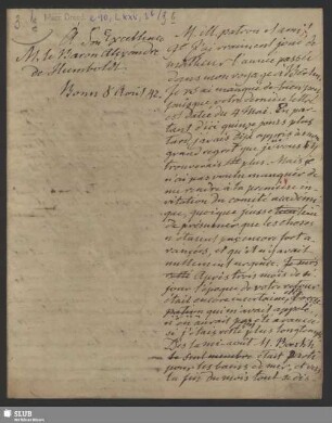 3b(1): Briefentwurf Schlegels an A. Humboldt; dat. Bonn, 08.08.1842.