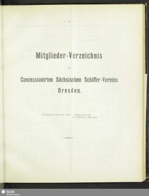 Mitglieder-Verzeichnis des Concessionirten Sächsischen Schiffer-Vereins Dresden