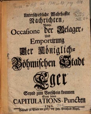Unterschiedliche wahrhafte Nachrichten [von der Belagerung der Stadt Eger]