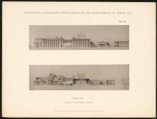 Wettbewerb Museumsinsel, Berlin: Projekt XXIV, Ansicht vom Kupfergraben, Schnitt A B (aus: Concurrenzentwürfe wegen Bebauung d. Museumsinsel zu Berlin. Auswahl d. preisgekrönten u. besten Entwürfe, Berlin 1884)
