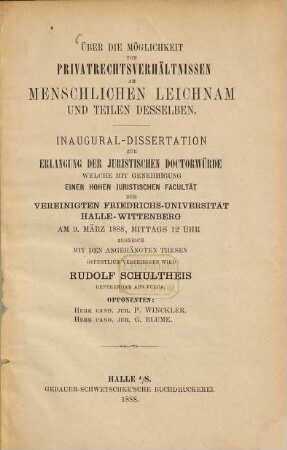 Über die Möglichkeit von Privatrechtsverhältnissen am menschlichen Leichnam und Teilen desselben