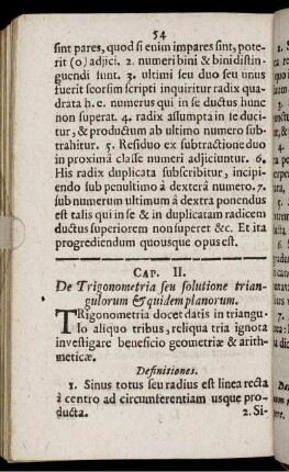 Cap. II. De Trigonometria seu solutione triangulorum & quidem planorum.