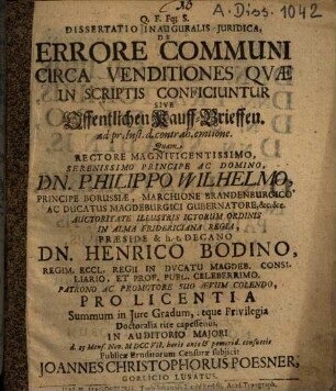 Dissertatio inauguralis iuridica de errore communi circa venditiones, quae in scriptis conficiuntur, sive offentlichen Kauff-Brieffen