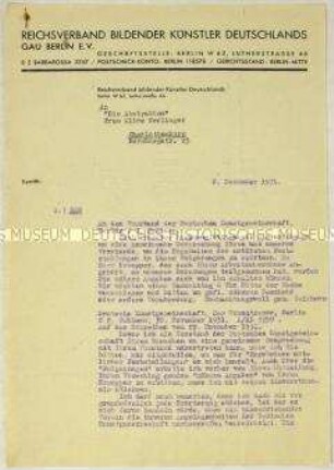 Schreiben des Reichsverbandes Bildender Künstler Deutschlands, Gau Berlin, an die Künstlervereinigung "Die Zeitgemäßen" (Die Abstrakten) zur Deutschen Kunstgemeinschaft - Sachkonvolut