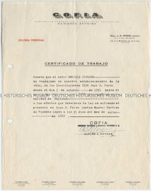 Arbeitsbescheinigung der argentinischen Firma COFIA für einen deutschen Auswanderer (spanisch)