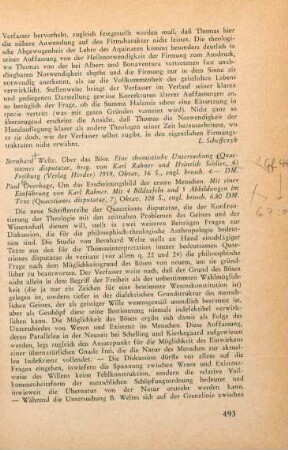493-494 [Rezension] Welte, Bernhard, Über das Böse