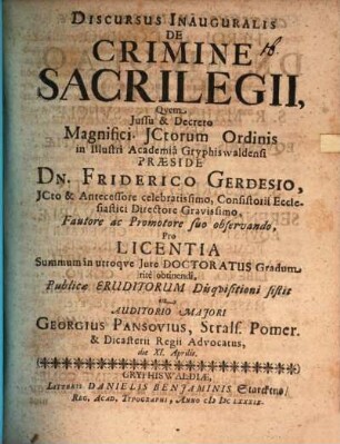 Discursus inaug. de crimine sacrilegii