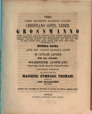 Oratio qua ad sacra anniversaria Scholae Thomanae ... celebranda ... invitat. [1854]