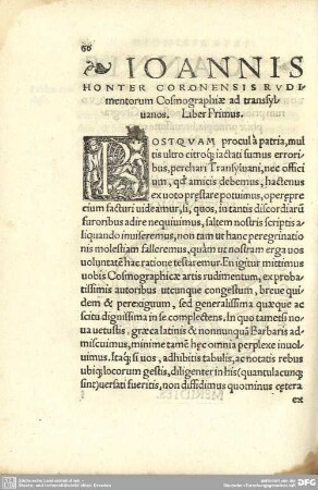 Ioannis Honter Coronensisrudimentorum Cosmographiae Liber Primus.