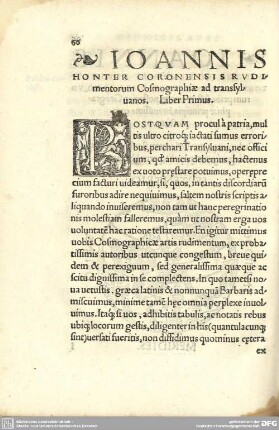 Ioannis Honter Coronensisrudimentorum Cosmographiae Liber Primus.
