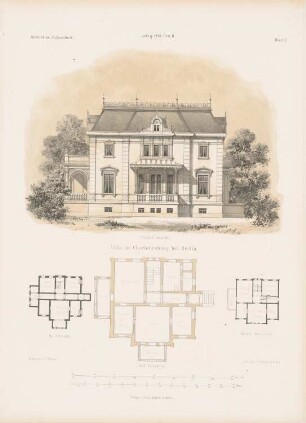 Villa, Berlin-Charlottenburg: Grundrisse, Vorderansicht (aus: Architektonisches Skizzenbuch, H. 102/2, 1870)