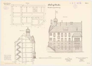 Pionierkaserne, Graudenz Stabsgebäude: Grundriss Bankette, Aufriss Südansicht, Querschnitt 1:100