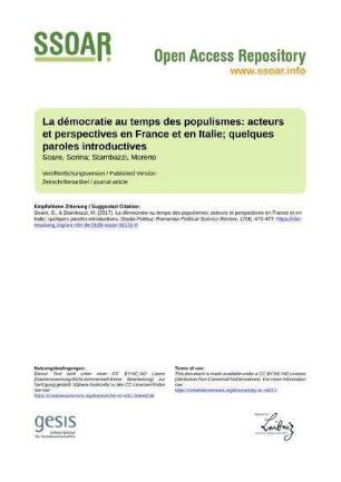 La démocratie au temps des populismes: acteurs et perspectives en France et en Italie; quelques paroles introductives