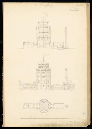 Wasserturm Monatskonkurrenz September 1841: Grundriss Erdgeschoss, Aufriss Seitenansicht, Längsschnitt; Maßstabsleiste