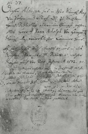 Vorsatzblatt der osmanischen Handschrift mit Provenienzvermerk