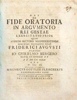 De fide oratoria in argumento rei gestae exercitatio prior