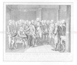 Friedrich II, König von Preußen, hindert General Ziethen daran, in seiner Gegenwart aufzustehen