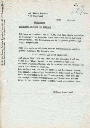 Aktennotiz zur Namensnennung der Hauptdarstellerinnen