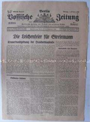 Tageszeitung "Vossische Zeitung" zum Begräbnis von Stresemann