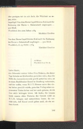 An Bürde Wandsbeck, den 27. Dezember 1784