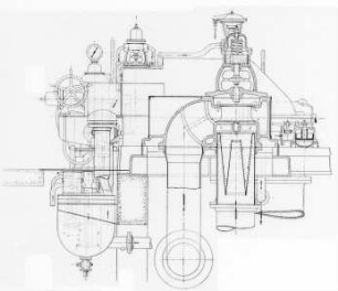 Zweidruckturbine, Längsansicht mit Schnitt durch das Niederdruck-Dampfeinlaßventil : Technikgeschichte | Maschinenbau | Kraftmaschinen | Dampfturbinen