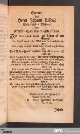 Sonnet Auf Herrn Johann Lassenii Christlöbliches Büchlein vom Freuden-Saal des ewigen Lebens.