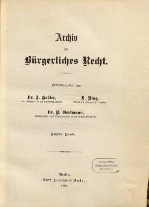 Archiv für bürgerliches Recht. 8. 1894