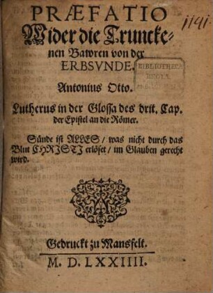 Praefatio wider die trunkenen Bawren von der Erbsünde