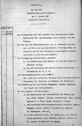 Uebersicht der von der Stadtverordneten-Versammlung am 6. Januar 1897 gefassten Beschlüsse., 6. Januar 1897