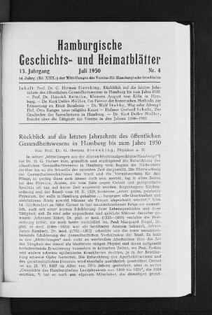 Rückblick auf die letzten Jahrzehnte des öffentlichen Gesundheitswesens in Hamburg bis zum Jahre 1950