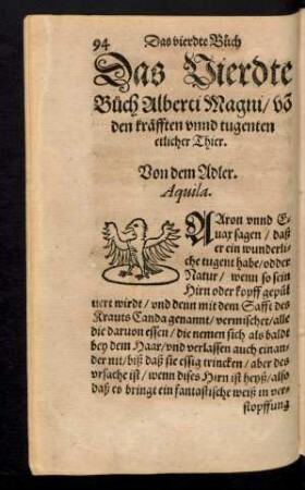 Das Vierdte Buch Alberti Magni/ vo[n] den kräfften unnd tugenten etlicher Thier.