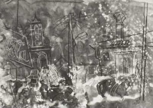 Konstruktives Ensemble mit Kirche, Mast und Cola-Reklame