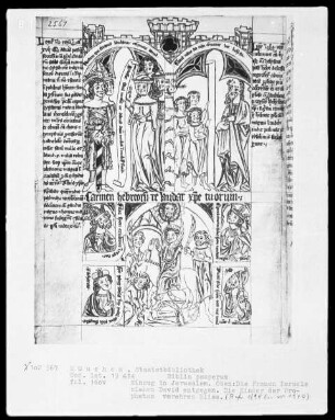 Biblia pauperum — Bildseite mit sieben Miniaturen, Folio 160verso
