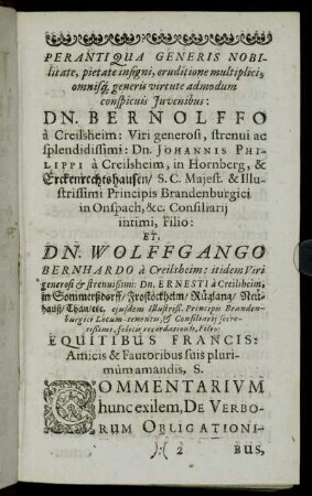 ... Dn. Bernolffo a Creilsheim ... Et Dn. Wolffgango Bernhardo a Creilsheim ...