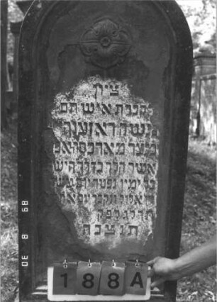 Grabstein 188 (Index: 99609824) Material: Sandstein Zustand: verwittert, abgeblättert Maße HxBxT: 148x59x21 cm Beschreibung: Stele, Rundbogenabschluß, Schriftfeld eingetieft, Sockel Symbolik: Rosette: Grabstein 188A