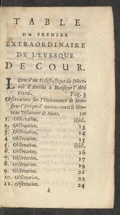 Table Du Premier Extraordinarie De L'Evesque De Cour.