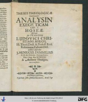 Analysis Exegetica Cap. I. Hoseae.