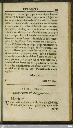 Lettre LXXXV. Complimens & Notiffication