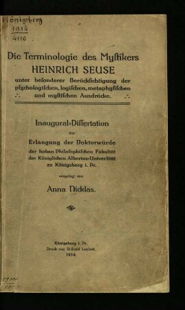 Die Terminologie des Mystikers Heinrich Seuse unter besonderer Berücksichtigung der psychologischen, logischen, metaphysischen und mystischen Ausdrücke