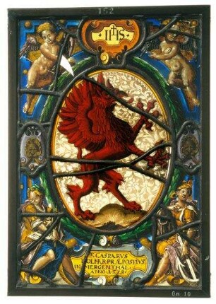 Wappenscheibe des Casparus Dolmar, Probst in Mergenthal, mit Putti und den christlichen Tugenden des Glaubens und der Hoffnung